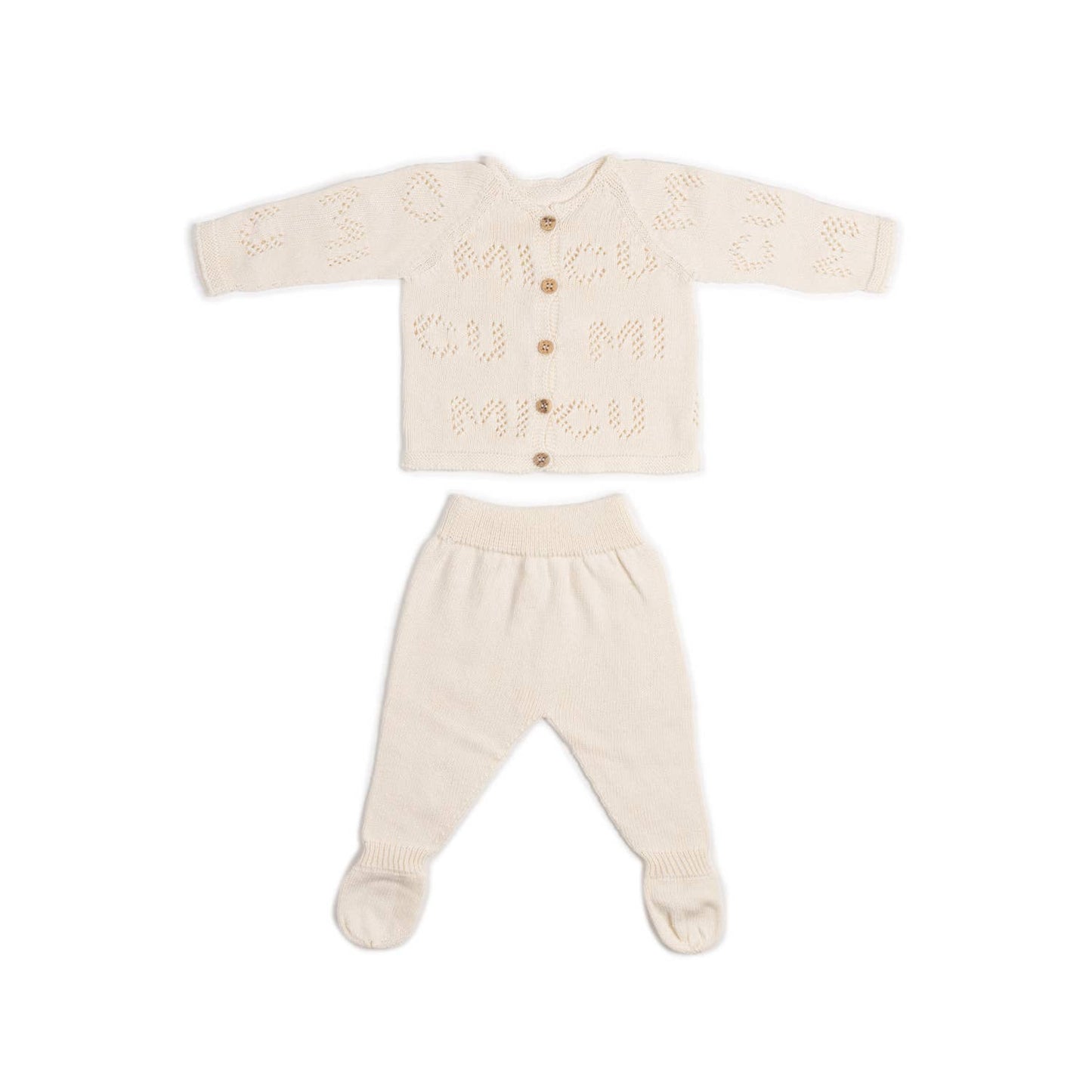 Baby knit set - cardigan and pants with letters organic cotton