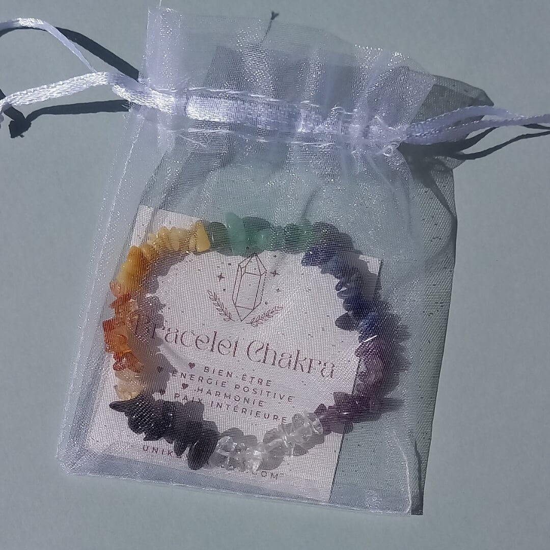 Chakra Chip stone Bracelet with Cards and organza bag - Unik by Nature