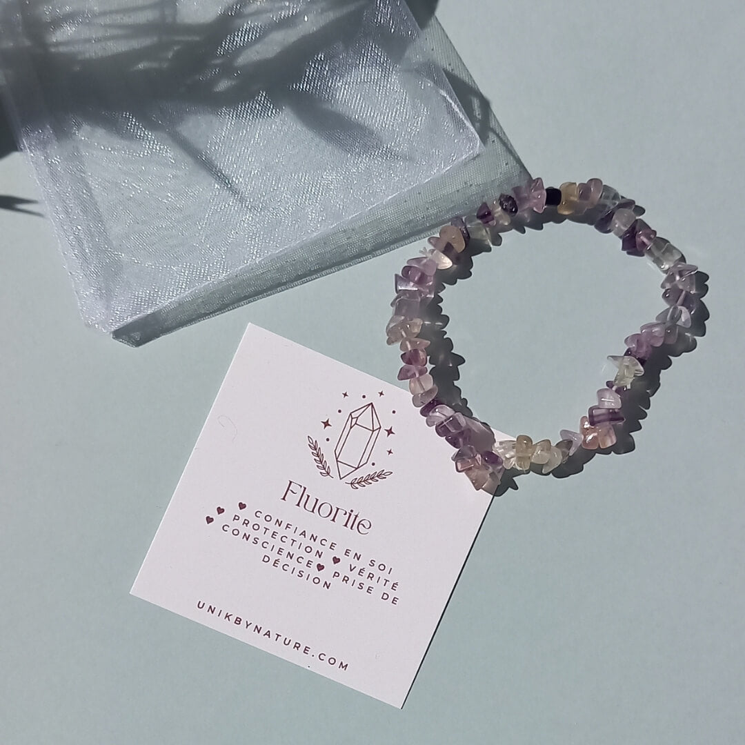 Rainbow Flourite chip stone Bracelet with Cards and Organza bag - Unik by Nature