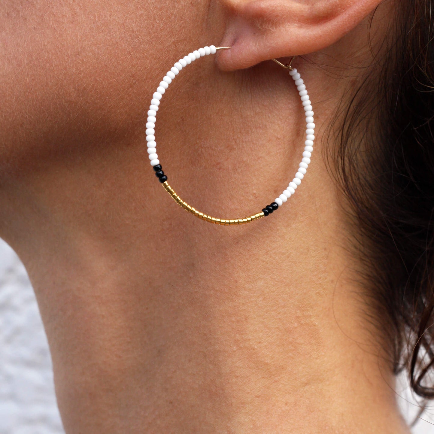 Endito Large Hoop Earrings Handmade White, Gold & Black - Unik by Nature