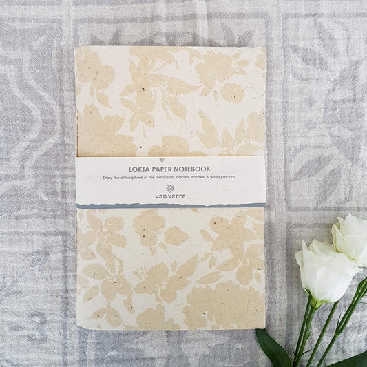 Handmade Lokta Paper Note Book Ecru & White Floral pattern Size L - Unik by Nature