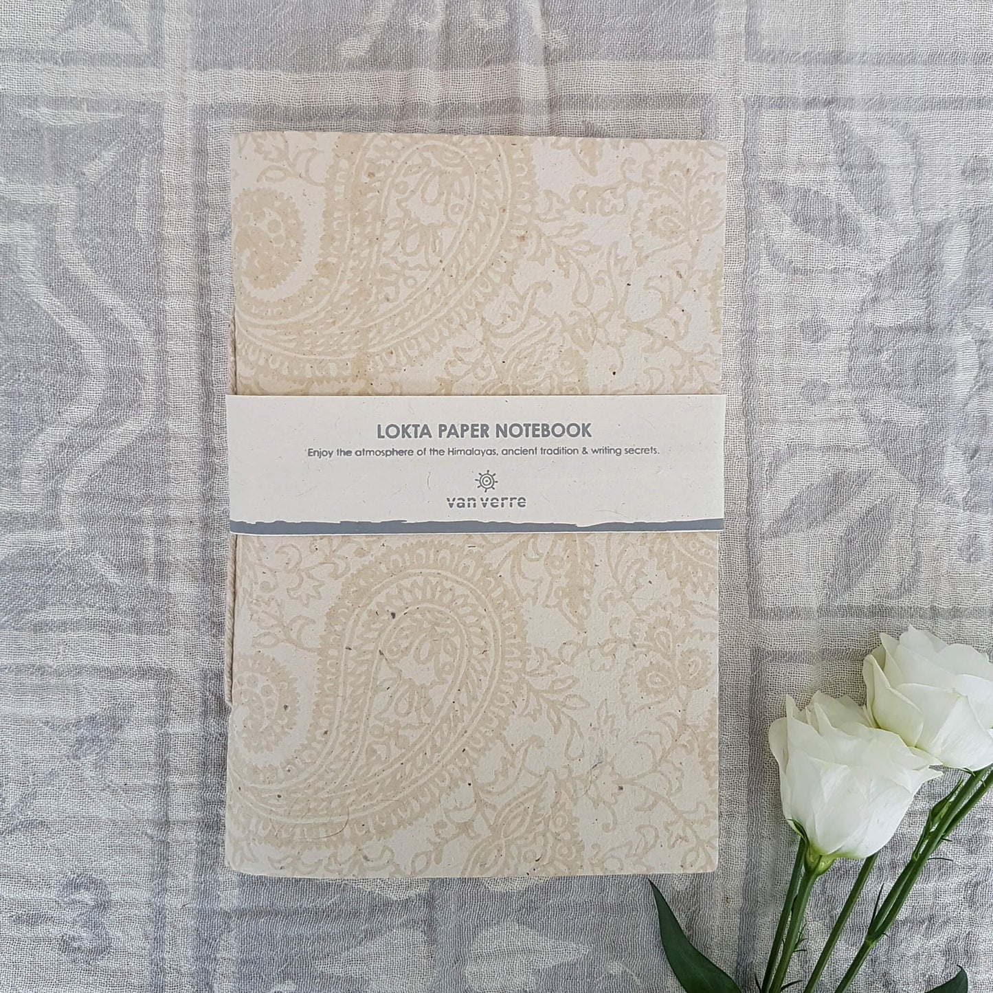 Handmade Lokta Paper Note Book Ecru & White Paisley Pattern Size L - Unik by Nature